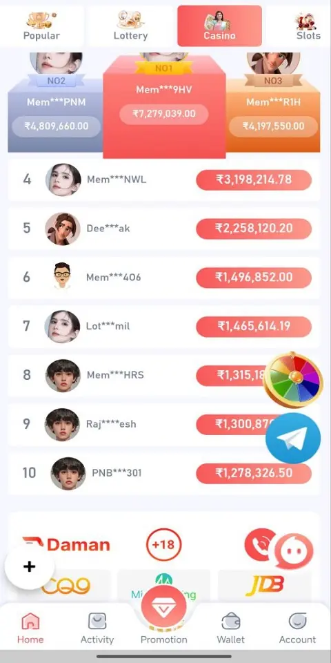 Home 7 Top earners leaderboard in Daman Game casino section, showing usernames and prize earnings in INR.