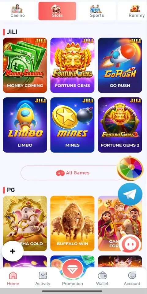 Home 8 Slot games selection in Daman Game app, including titles like Money Coming, Fortune Gems, and Mines.