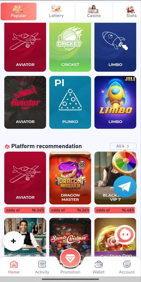 Home 9 Popular games screen in Daman Game app featuring Aviator, Cricket, Plinko, and platform recommendations.