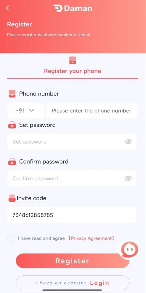 Home 5 Daman Game register page – create your account to play and win real cash